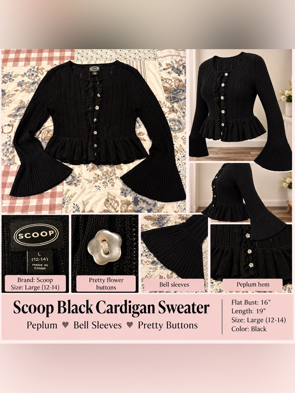 Scoop Black Peplum Cardigan Sweater Bell Sleeves Large